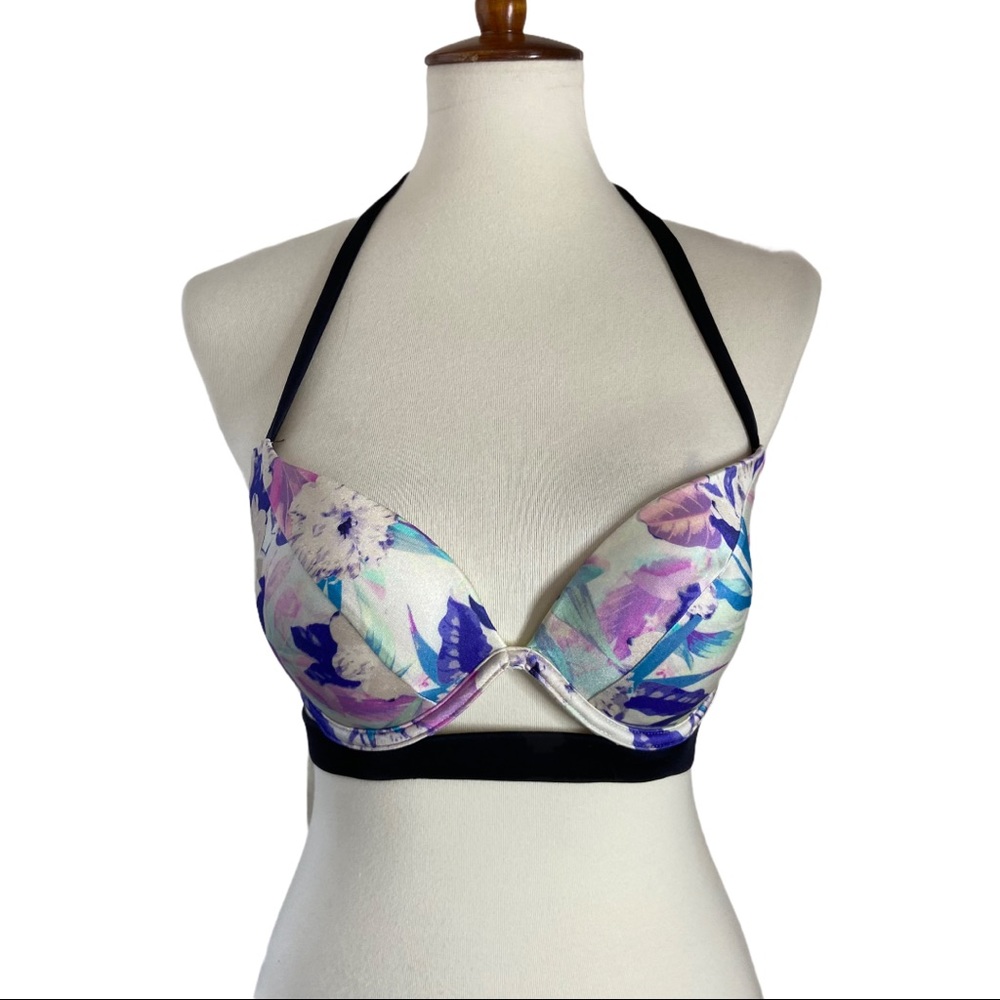 Victoria’s Secret Bikini Swim Top Black White Floral Purple Pink Turquoise
